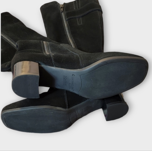 La Canadienne Black Suede Low Chunky Heel Knee High Tall Boots - Picture 3 of 7